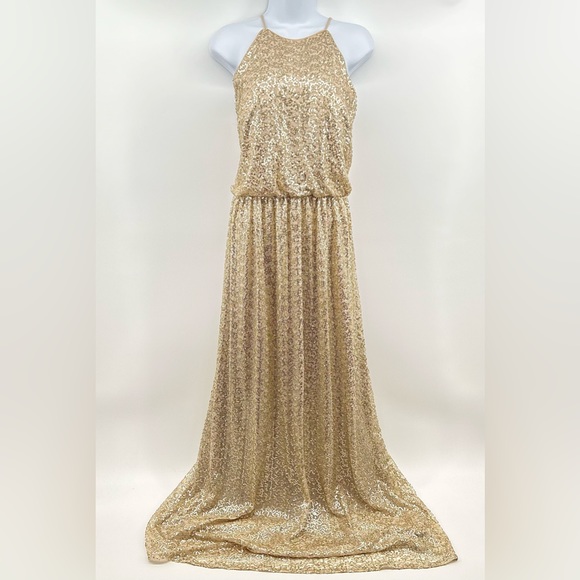 BILL LEVKOFF Sequin Net Gown Halter - Picture 5 of 11